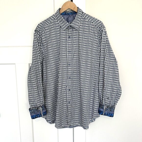 Robert Graham Blue Check Embroidered Flip Cuff Long Sleeve Classic Shirt 2XL XXL - Picture 1 of 7